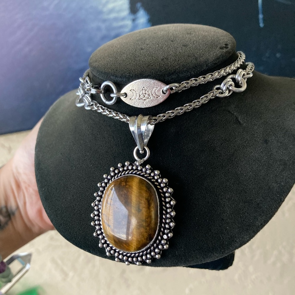 925 Sterling silver overlay golden brown tiger eye gemstone steel boho necklace - Picture 4 of 13